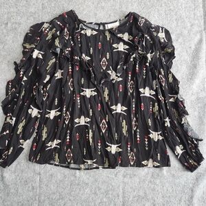 Ariat Western Ruffle Sleeve Top Blouse Women's L Black Skull Cowgirl Rodeo Goth 